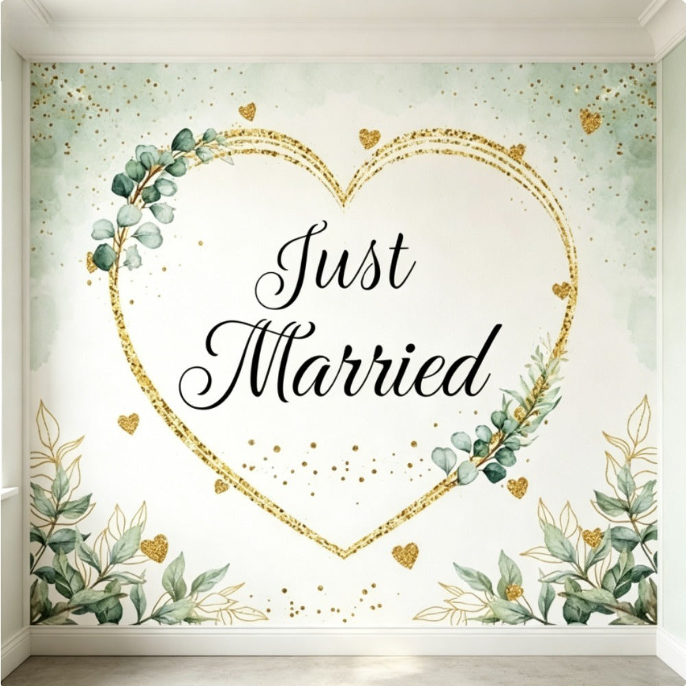 Just Married. Wedding Decoration Set with 2 Mini Scissors and A 180x200 Cm Green Backdrop