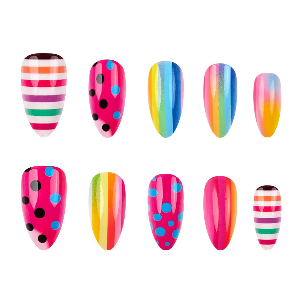 Stickers 24 Pièces de Short Almond en forme de Nail Acrylique avec des rayures de couleur arc-en-ciel et Pr