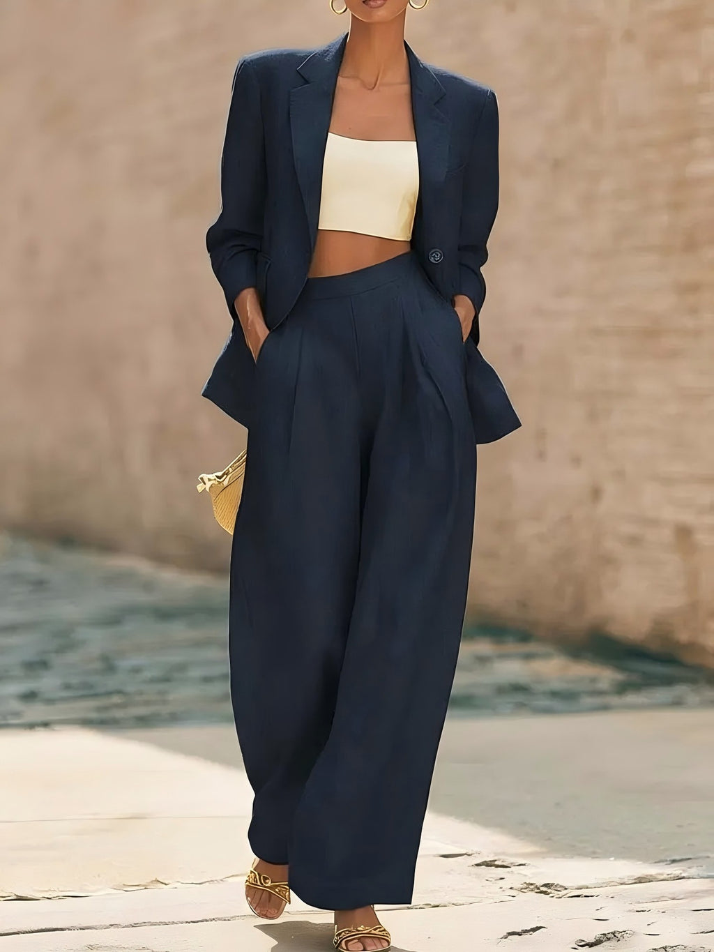 Pantalon bi-pièce pour femmes de couleur unie et pantalon à large jambe
