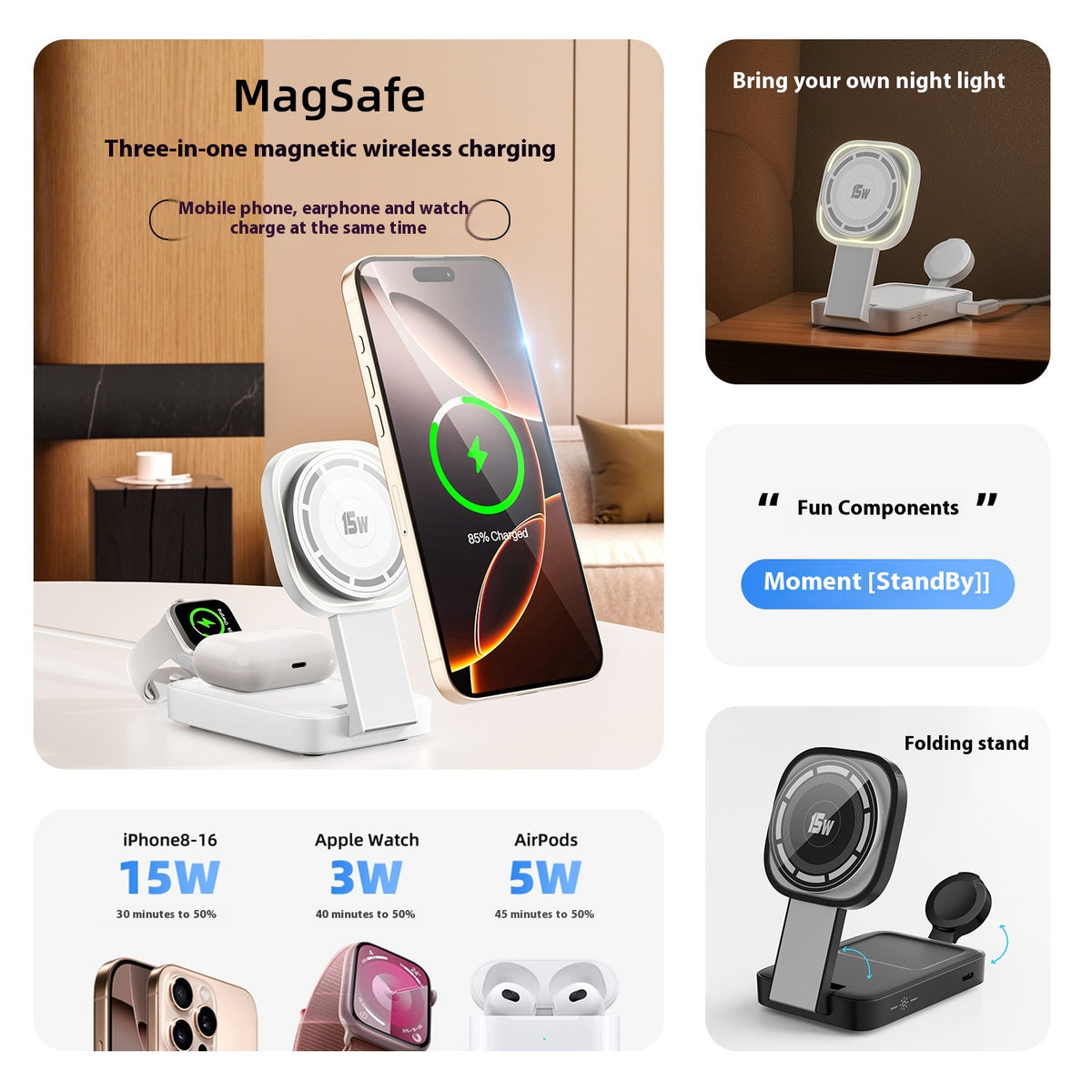 Chargeur sans fil pliable et portatif de 15W trois en un