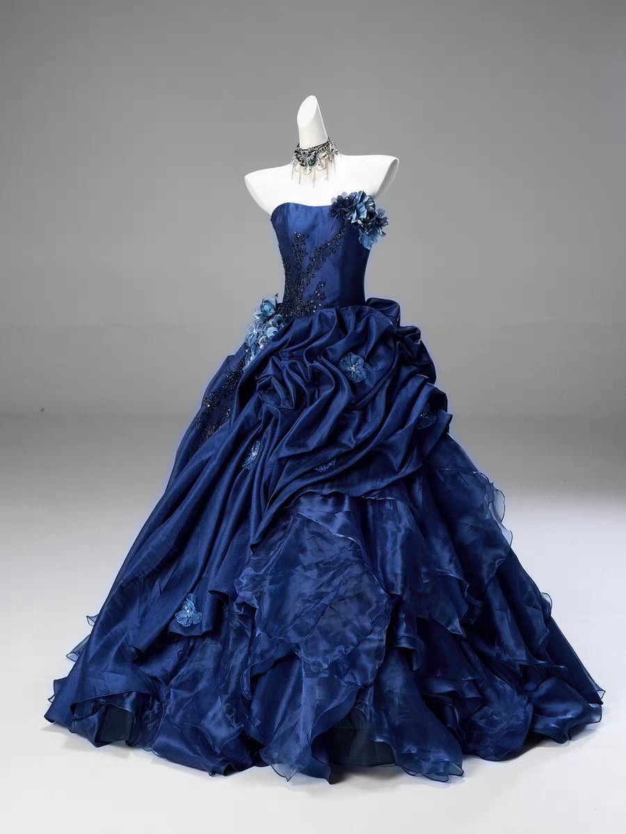 Blue High-end Intricately Embellished Strapless Ball Gown Pour les événements et les banquets du soir