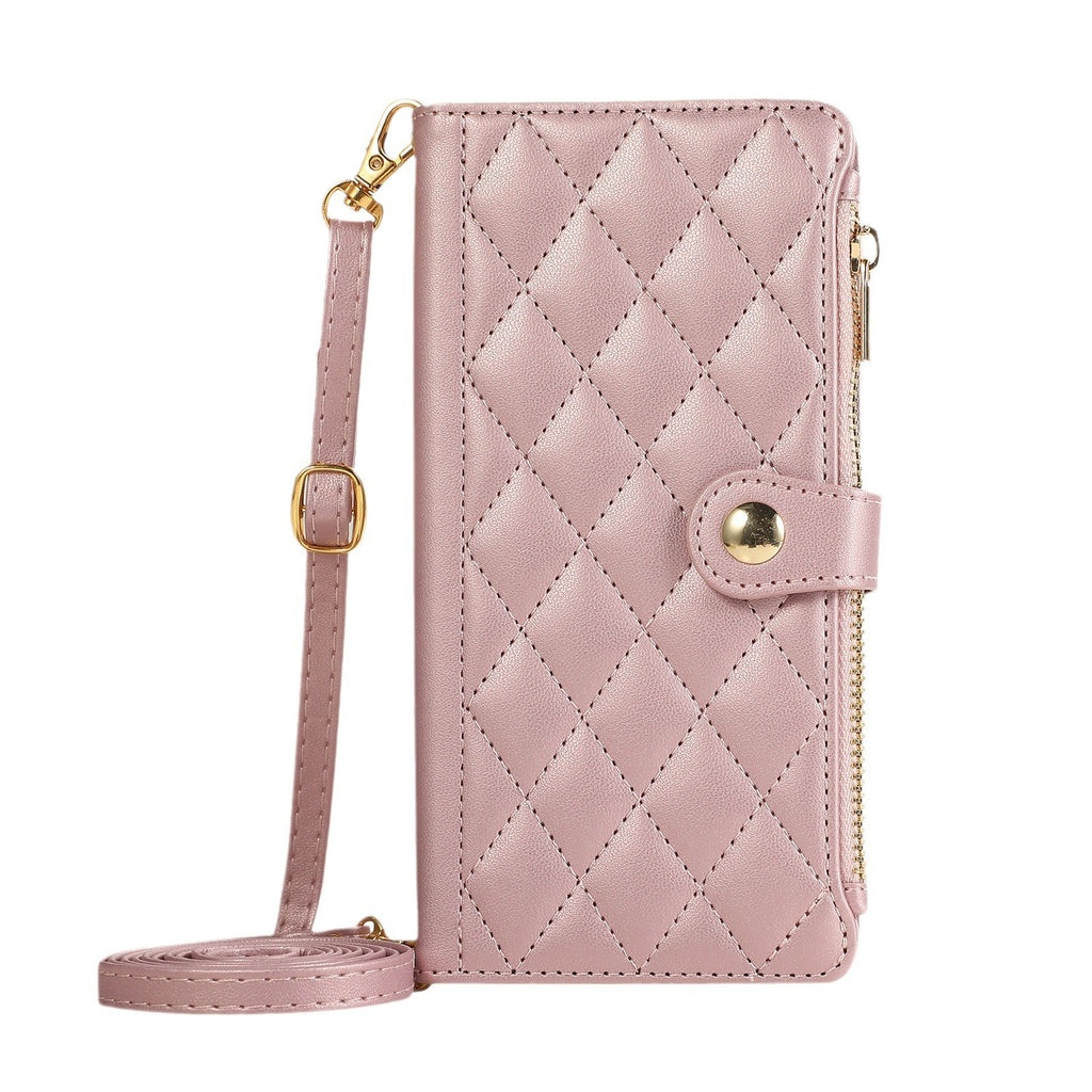 Solid Color Simple Diamond Le style de Chanel Zipper Crossbody Rope Phone Case