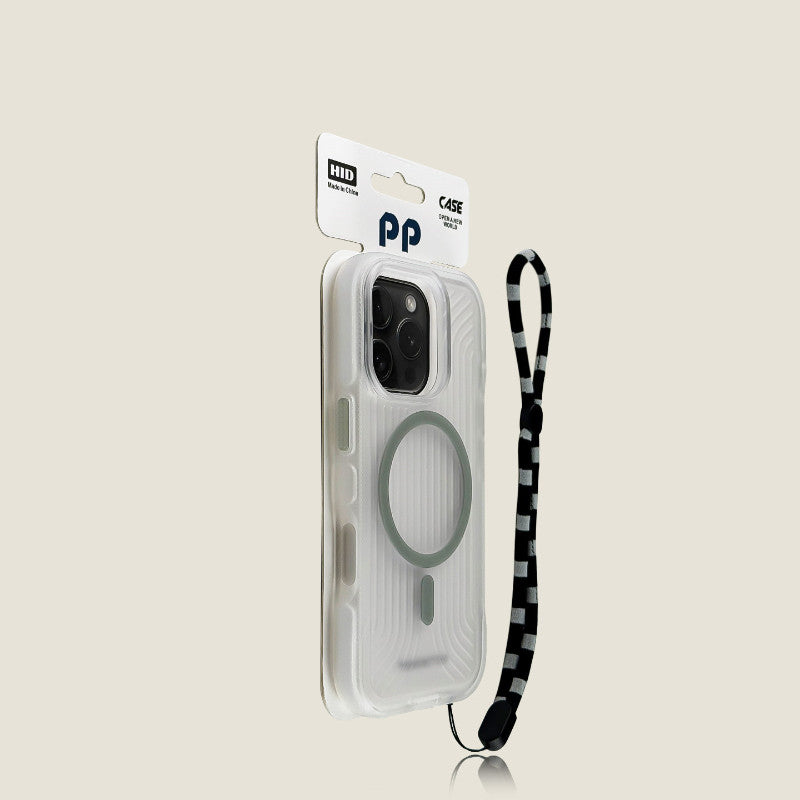 Cas de téléphone rayé noir mat avec fixation magnétique et lanyard intégré pour