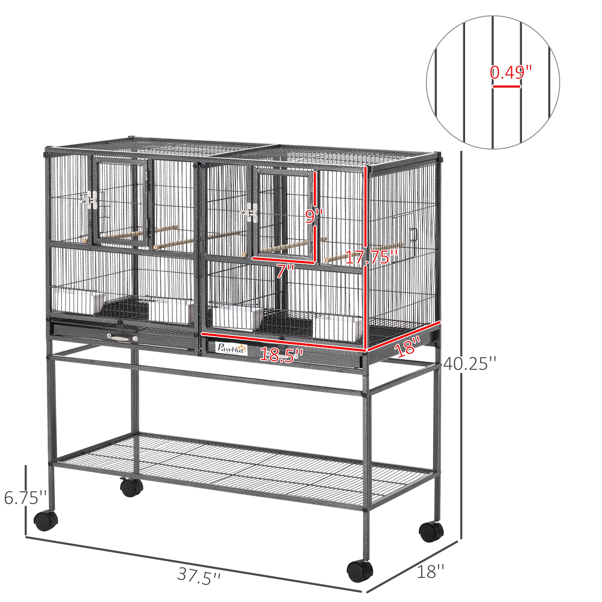 Cage d'oiseau d'élevage divisé avec support roulant Plateau en métal amovible
