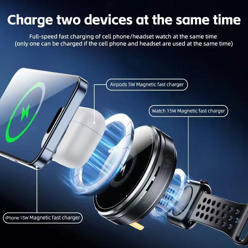 Support de charge sans fil magnétique rétractable 3-en-1 en alliage de zinc