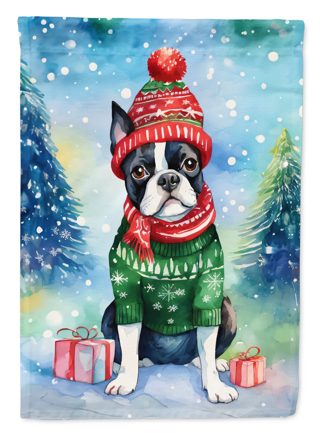 Boston Terrier Drapeau de Noël Maison Grande Manche de porc Pole décoratif extérieur Bannière de triage
