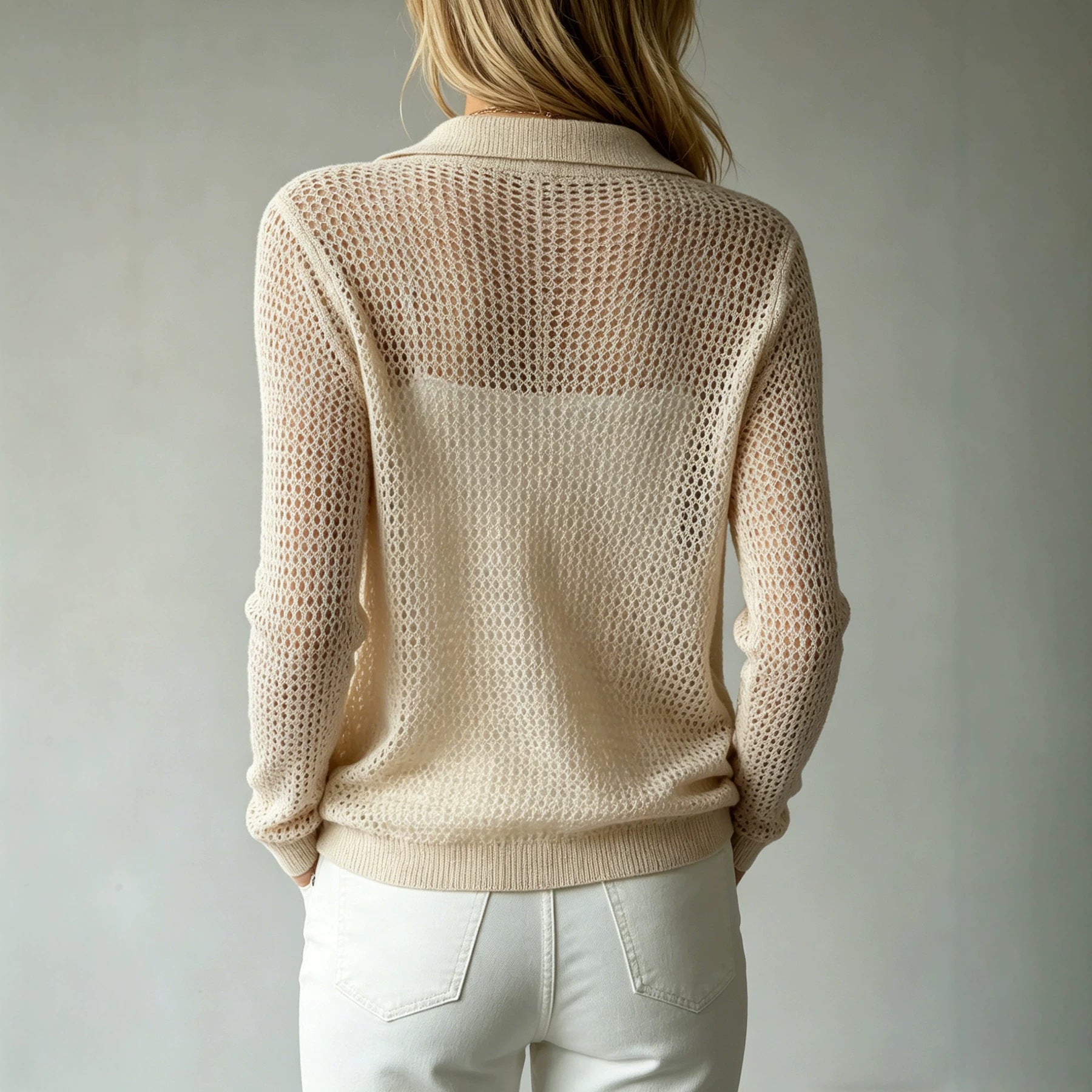 Collin de virage Hollow-out Mesh Knit Cardigan perdu et respirant