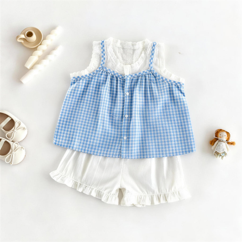 Dentelle Plaid Deux pièces Set pour les petites filles Vest Top et Blouse