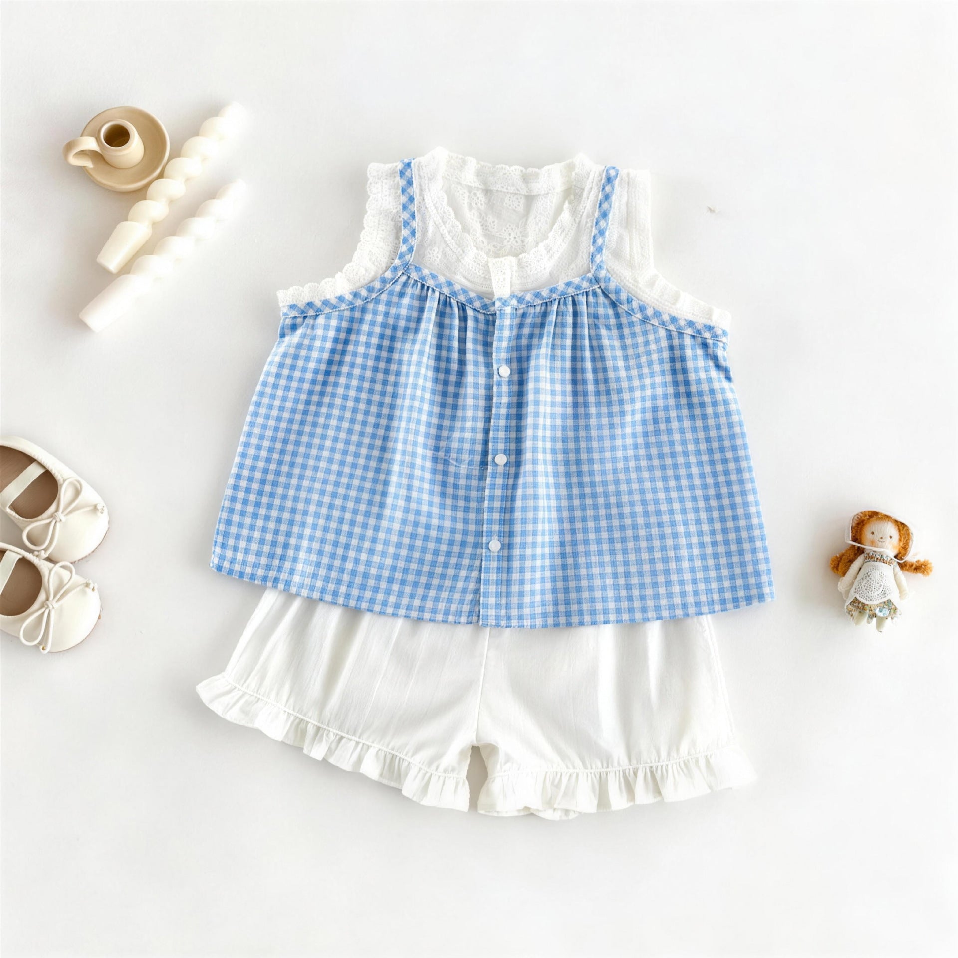 Dentelle Plaid Deux pièces Set pour les petites filles Vest Top et Blouse