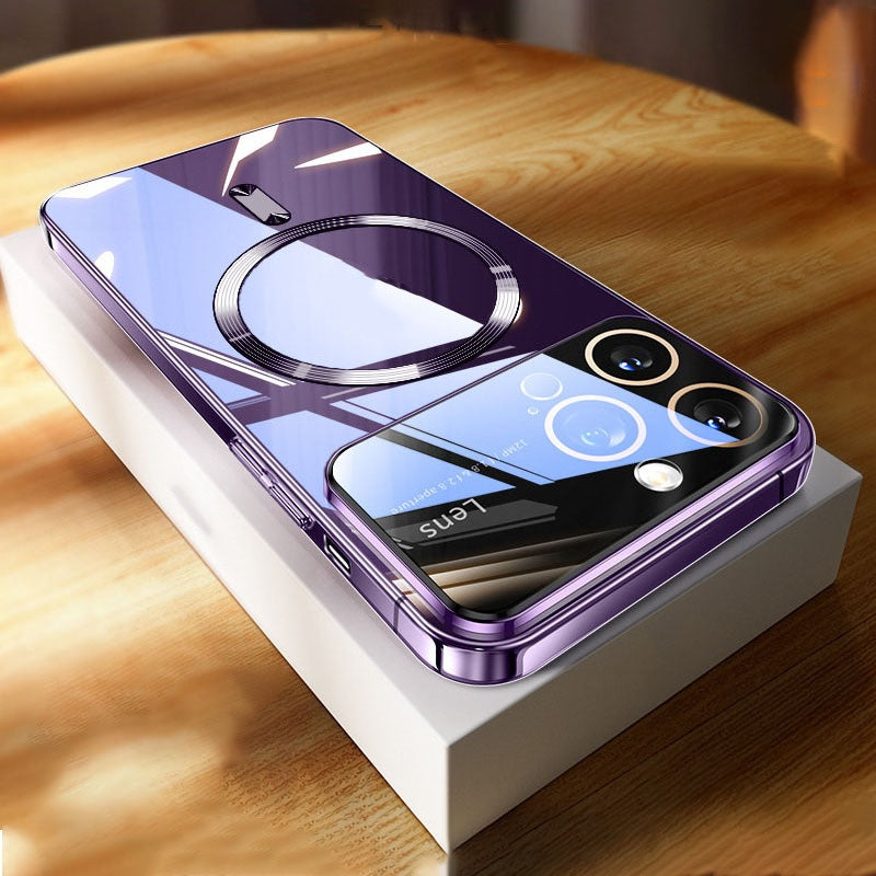 Coque de téléphone Magnetic Transparent Plating Grande fenêtre Silicone Protection Couverture