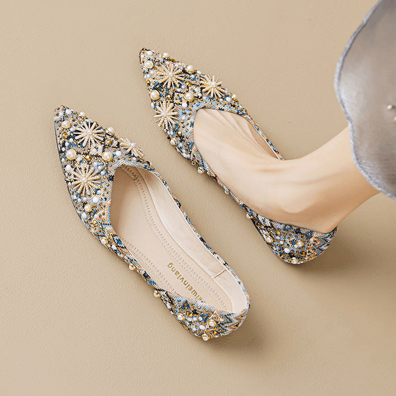 Chaussures de femmes plates pointues à bout large avec strass et impression métallique
