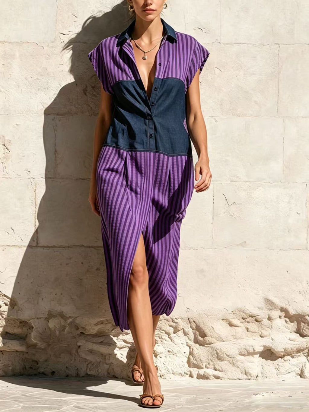 Robe de chemise de patchwork rayée Slit Design pour un look mi-long slimming