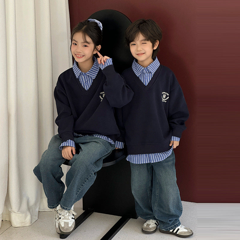Enfants AutomneHiver Patchwork Polo-Neck Sweater Coordonnée poids lourd Parent-EnfantSibling M