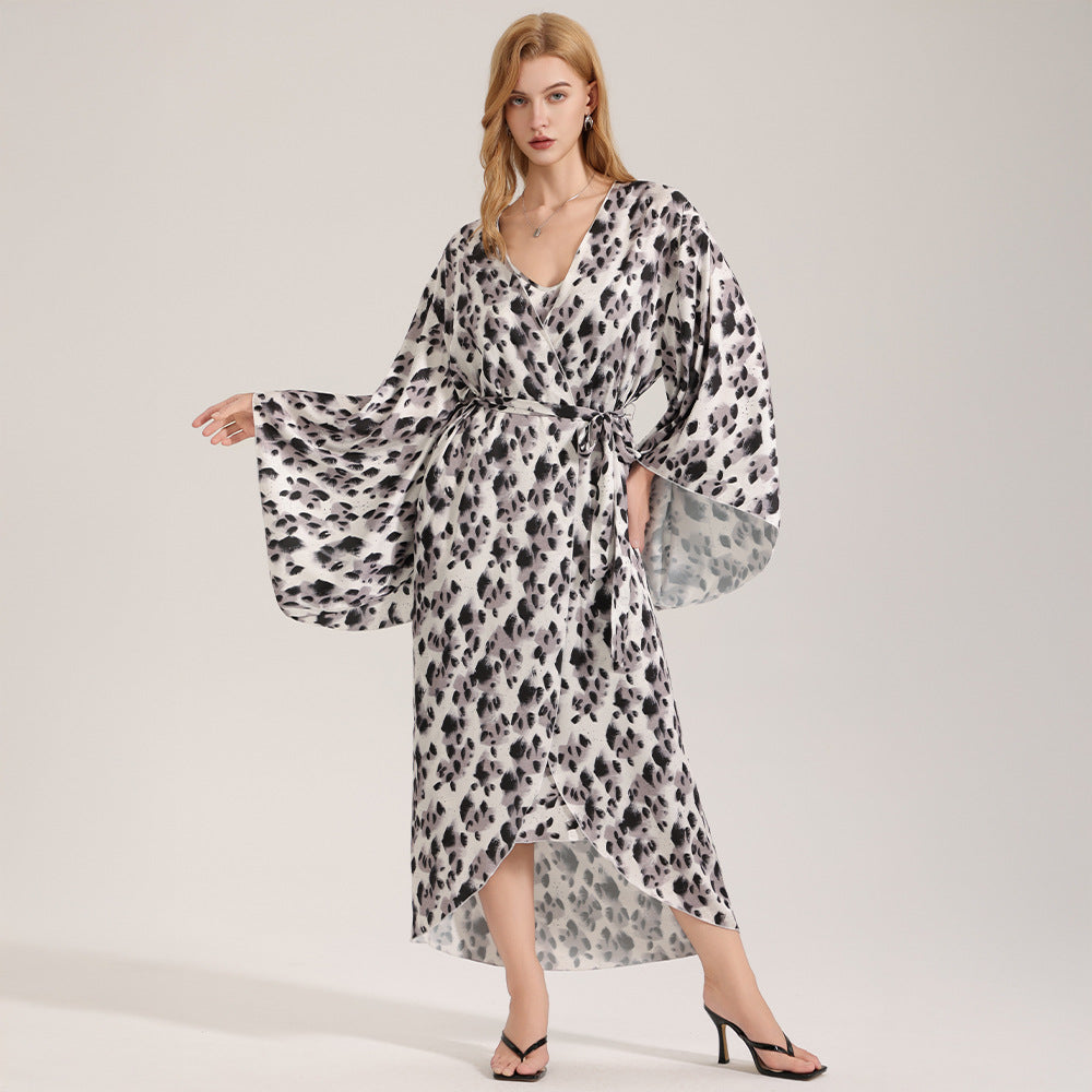 Leopard-Print Satin Mousseline Longues Femmes Robe de salon Ensemble