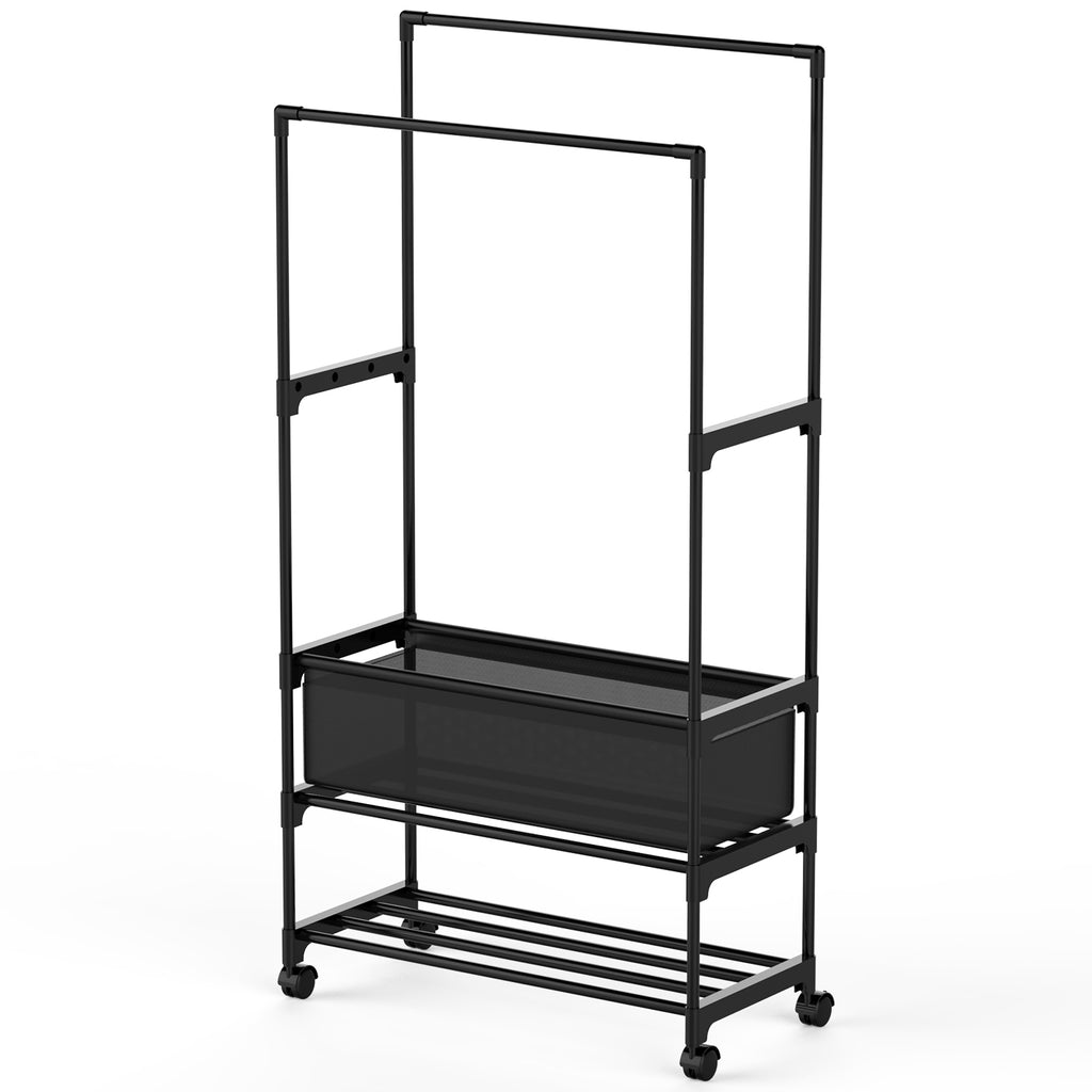 1Pc Double Rods Garment rack avec sac de rangement Portable rack de vêtements avec étagères verrouillables