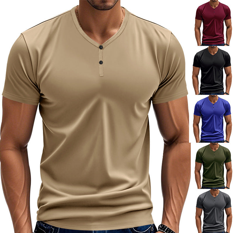 T-Shirt Henry-Neck Retro Loose Fit Stretchy Quick-Drying Breathable Short-Sleeved Summer S