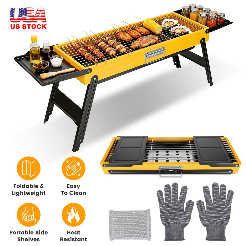 1Pc Portable pliant Charcoal Grill en acier inoxydable Camping BBQ Grill avec panneaux latéraux Com