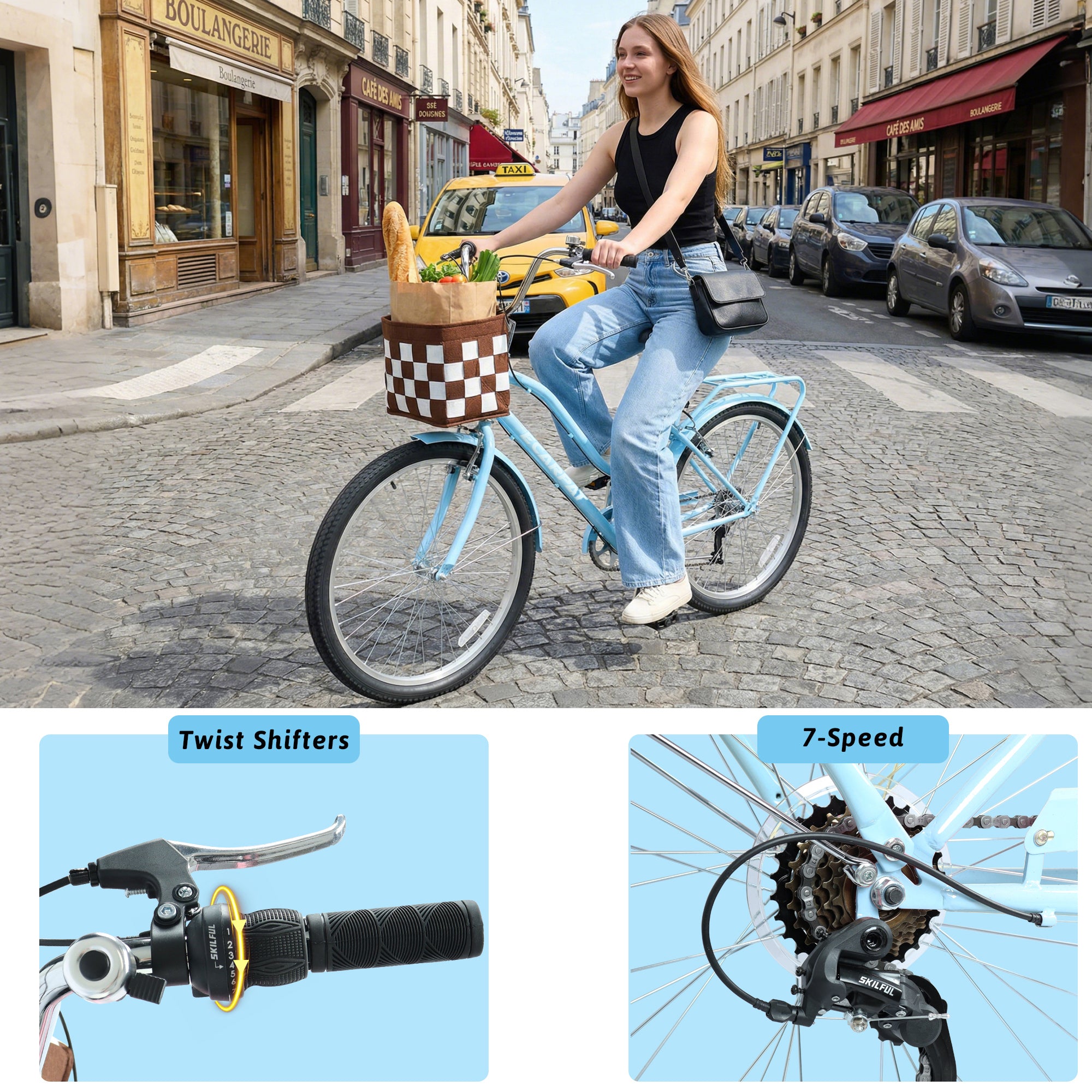 26 pouces vélo de navette de ville à 7 vitesses avec serrure et panier amovible Cadre en acier haute sensibilité