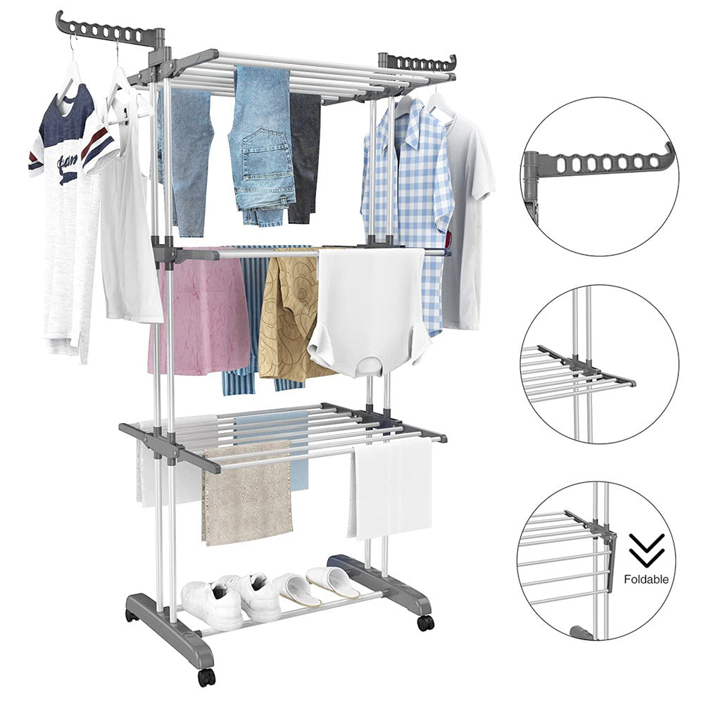 3 niveaux de vêtements pliables Sac de séchage Mobile tour de sèche-linge avec roues verrouillables et Si