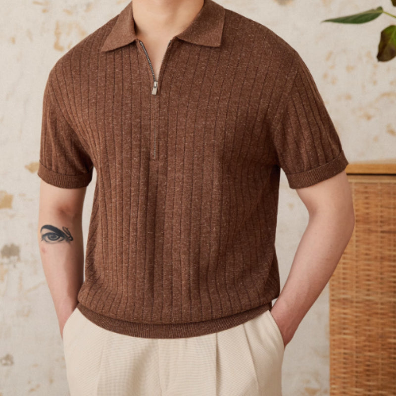 Linge Blend Lapel Zipper Sunken Stripe Manche courte