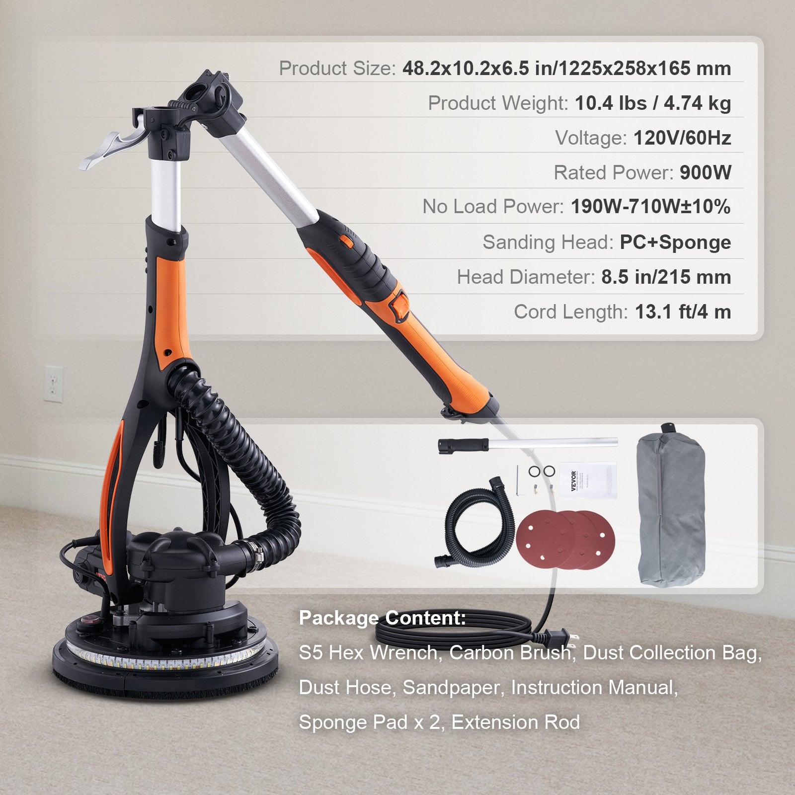 VEVOR Sander à paroi sèche 900W Brush Motor 800-1800RPM Vitesse variable et auto-aspiration
