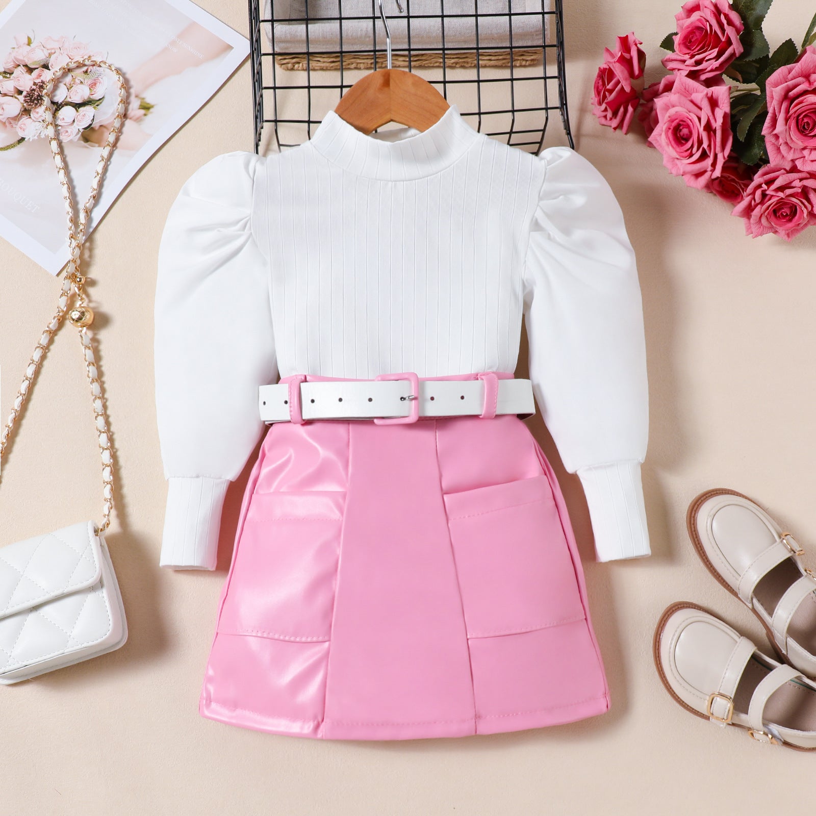 Petites filles Puff-Sleeve Top Solid-Color PU jupe et ceinture