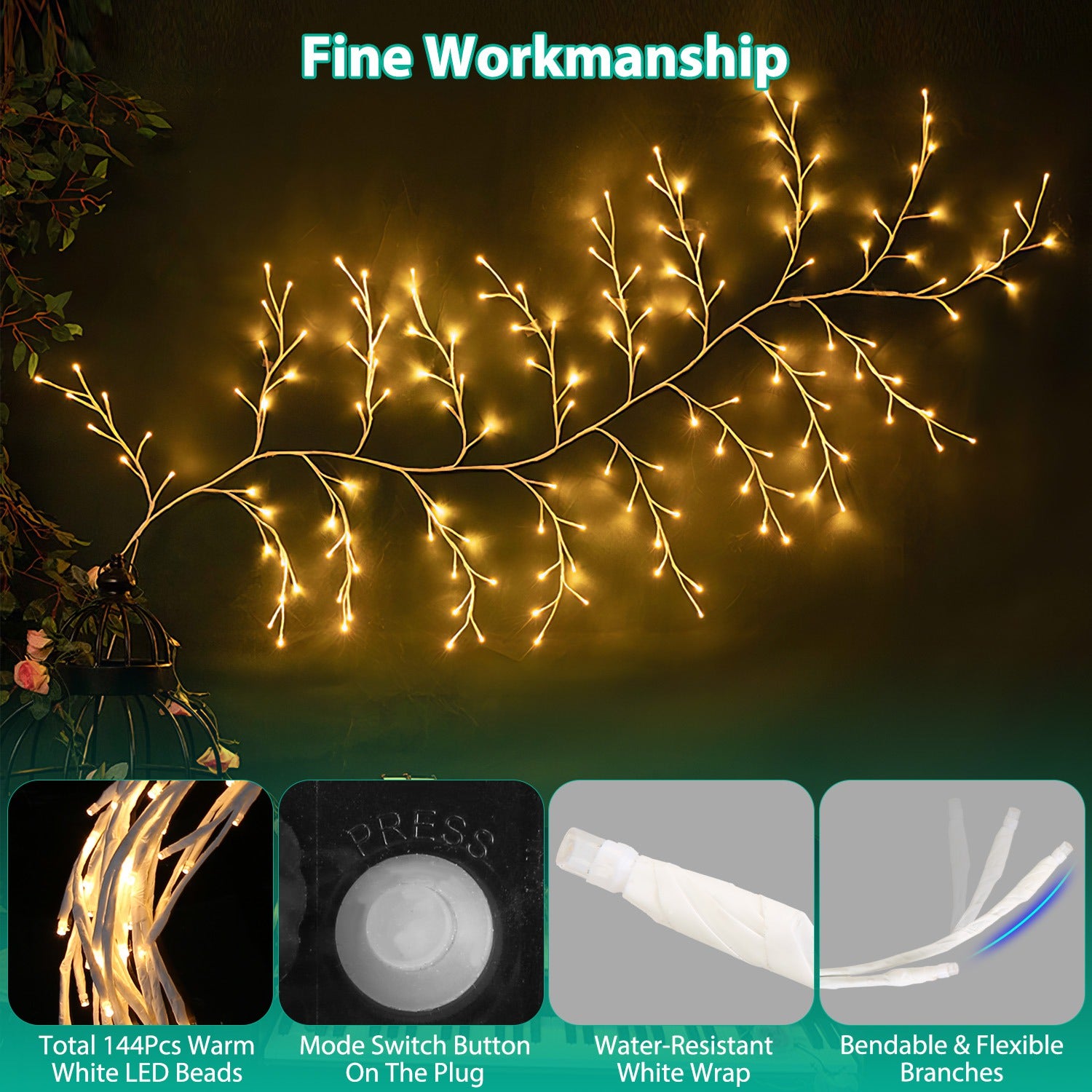 1Pc 7.87FT Éclairé Birch Garland Éclairé Vigne Lumière 144LED Birch Garland avec Lumières