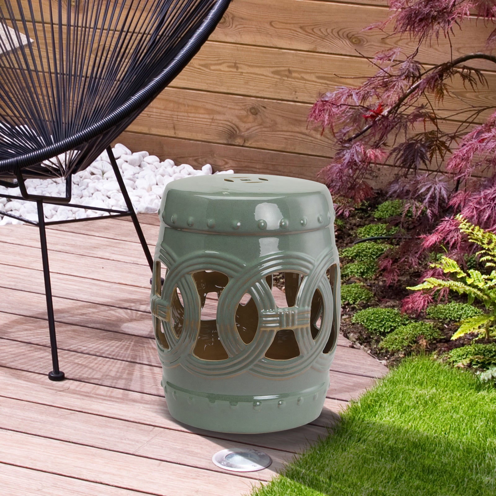 Tabouret de jardin en céramique de 14" x 17" avec une bague à double pièce