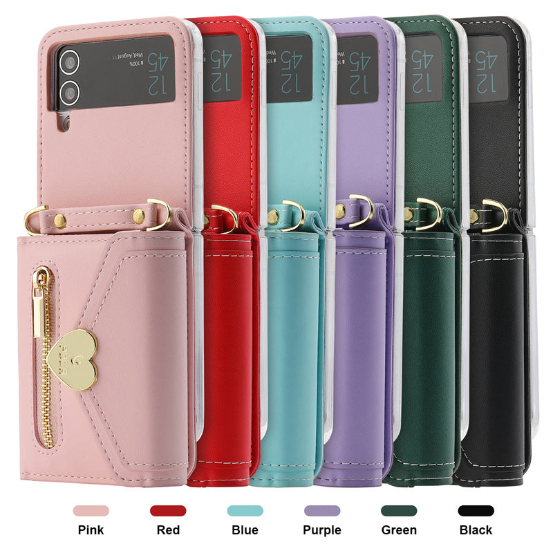 Étui en cuir pliant Coeur en métal Étui téléphone zippé de grande capacité