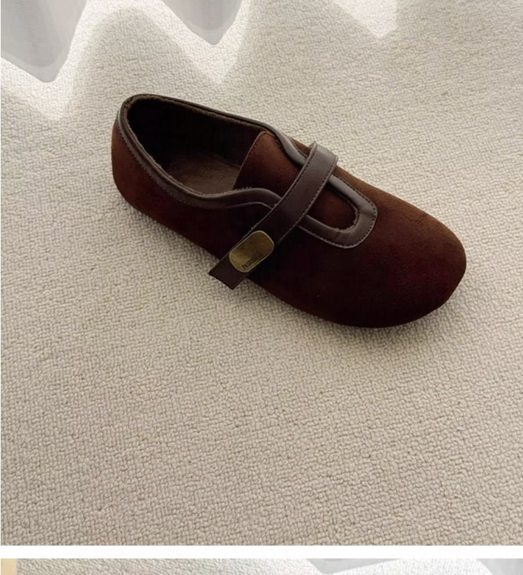 Femmes Automne Round Toe Woolen Retro Velcro Ballet Flats