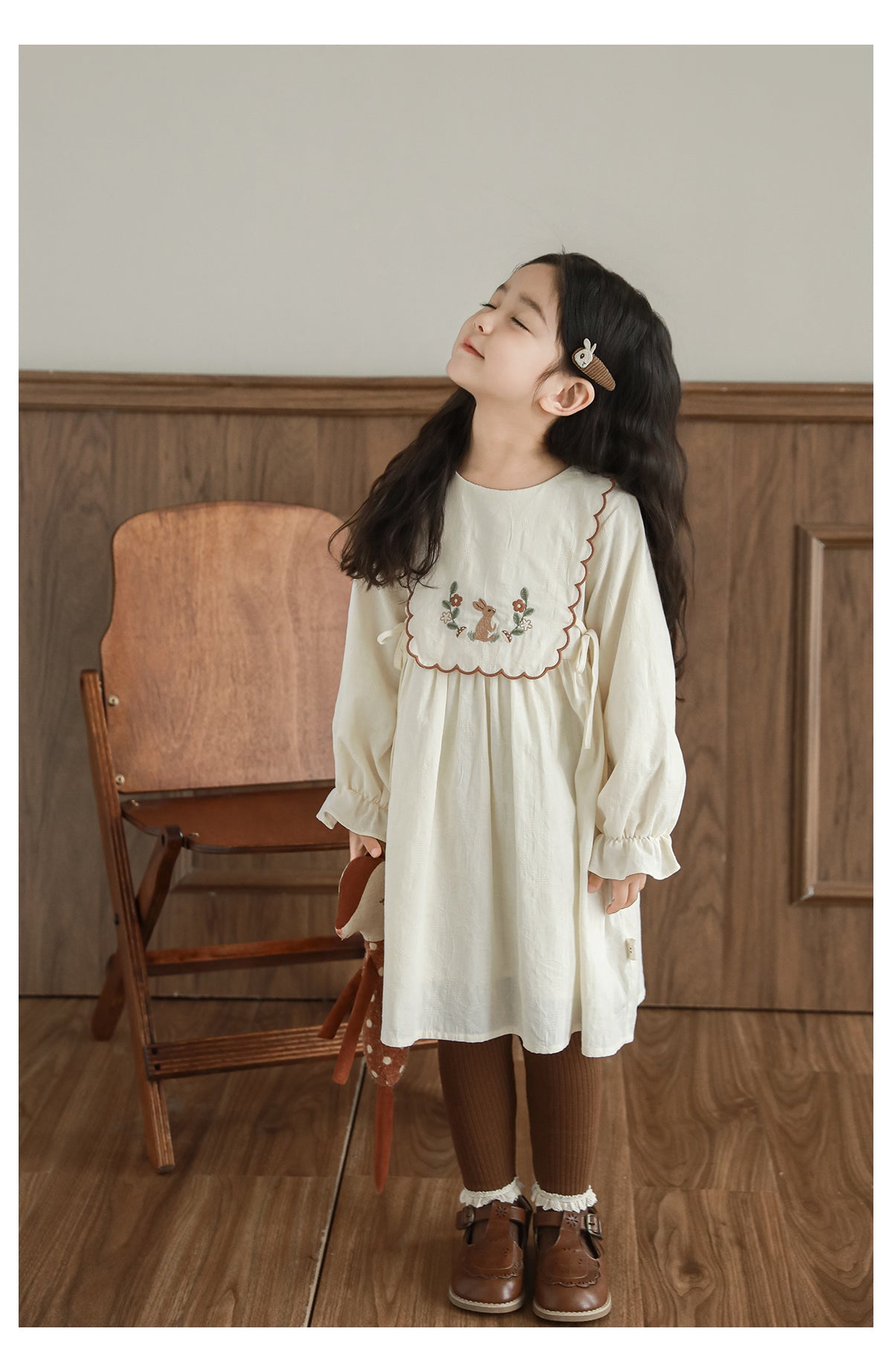 Robe à manches longues d'automne Pure Coton avant Bow pour les filles