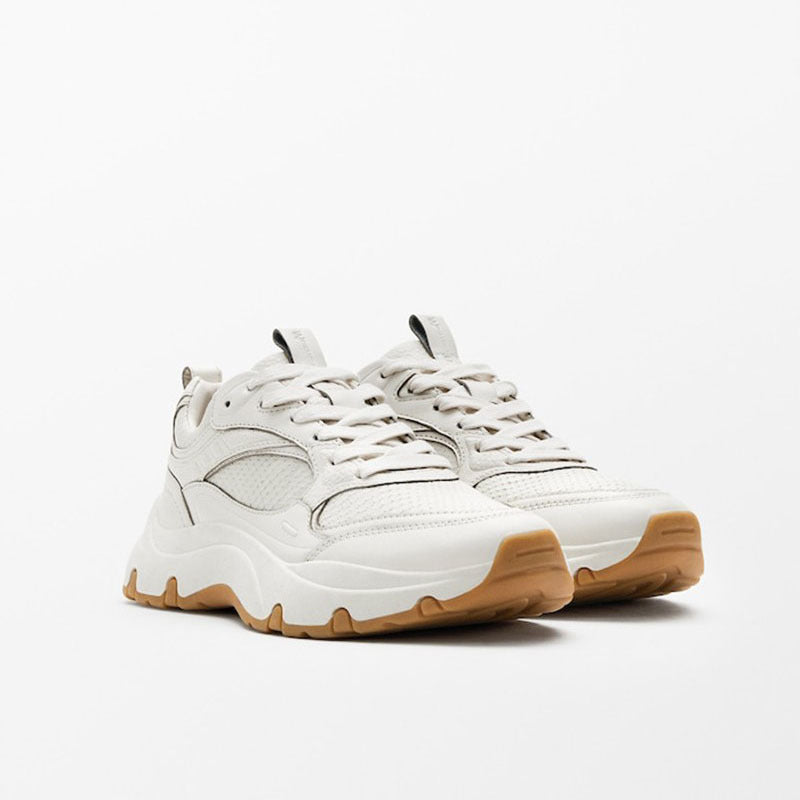 Sneakers ronds d'orteils en première couche de vache avec semelle épaisse