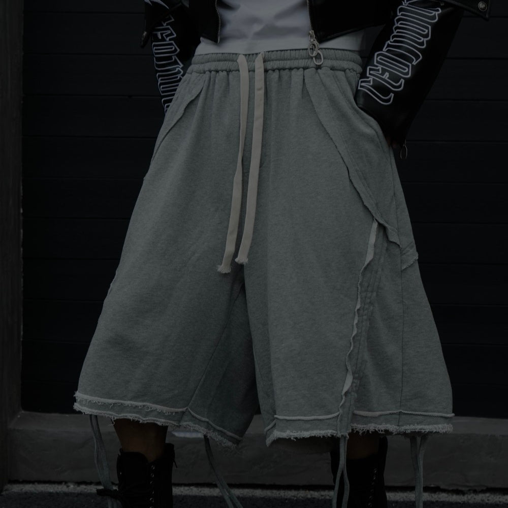 Short de travail casual loopback lavé lourd avec des bords bruts et des jambes larges