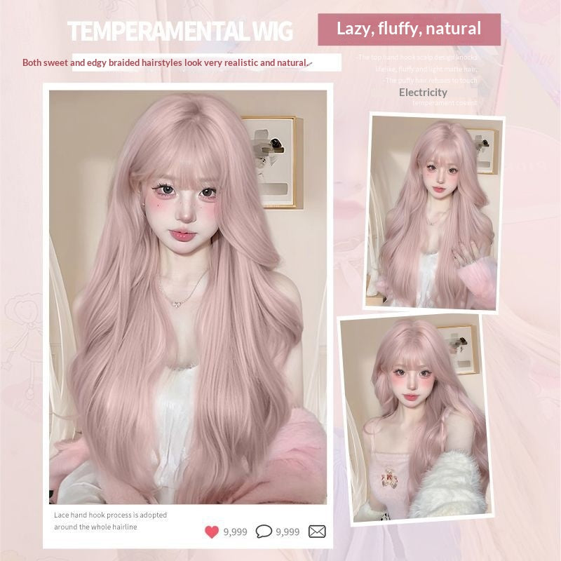 Foggy Pink-or Naturel Long Curls Perruque pleine tête