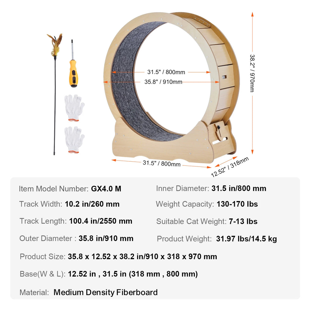 Roue d'exercice de chat en bois Grande roue tapis de chat pour roues de course de chat intérieur avec Deta