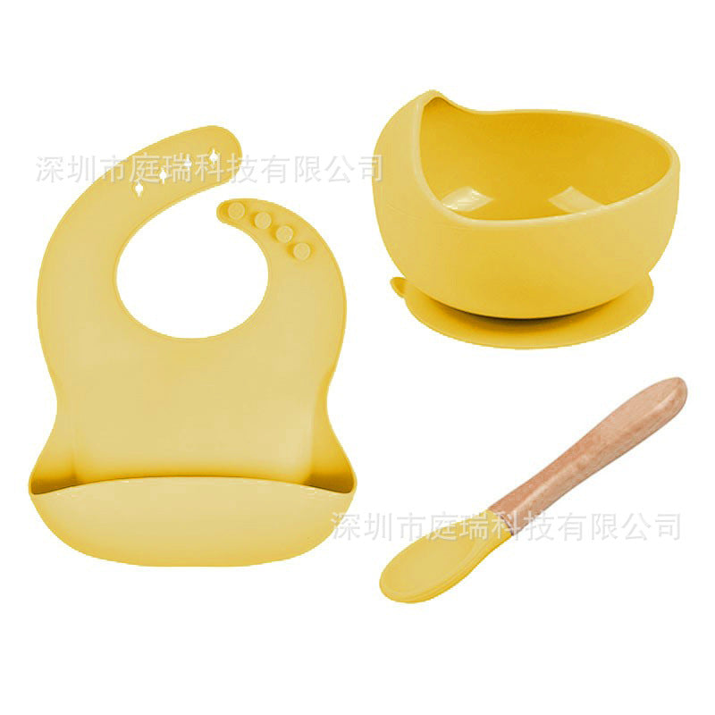 Baby Tableware Solid Food Bowl Silicone Bib Spoon en bois Ensemble de trois pièces