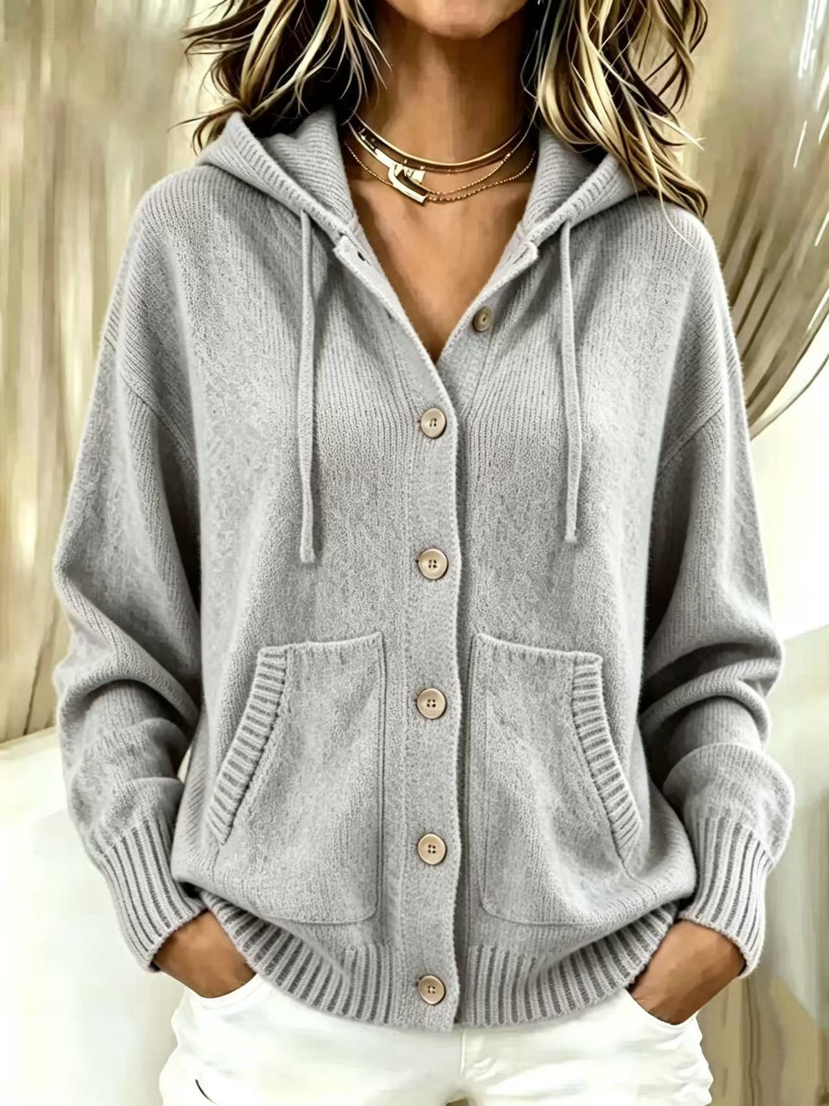 Femmes Automne Hiver Couleur solide à capuche Zip-Up Knitted Cardigan