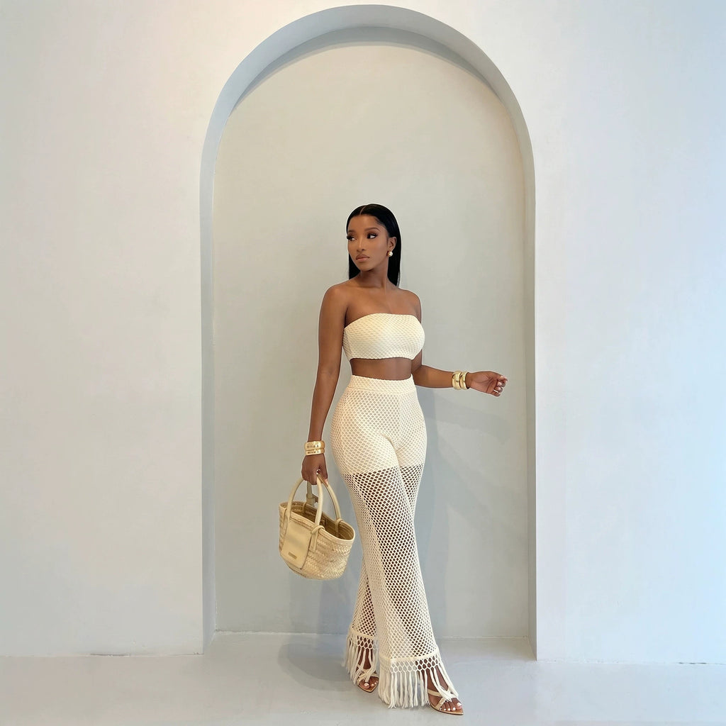 Fashionable femmes Voir-through Hollowed-Out Pantalons et tricoted tube Top Set