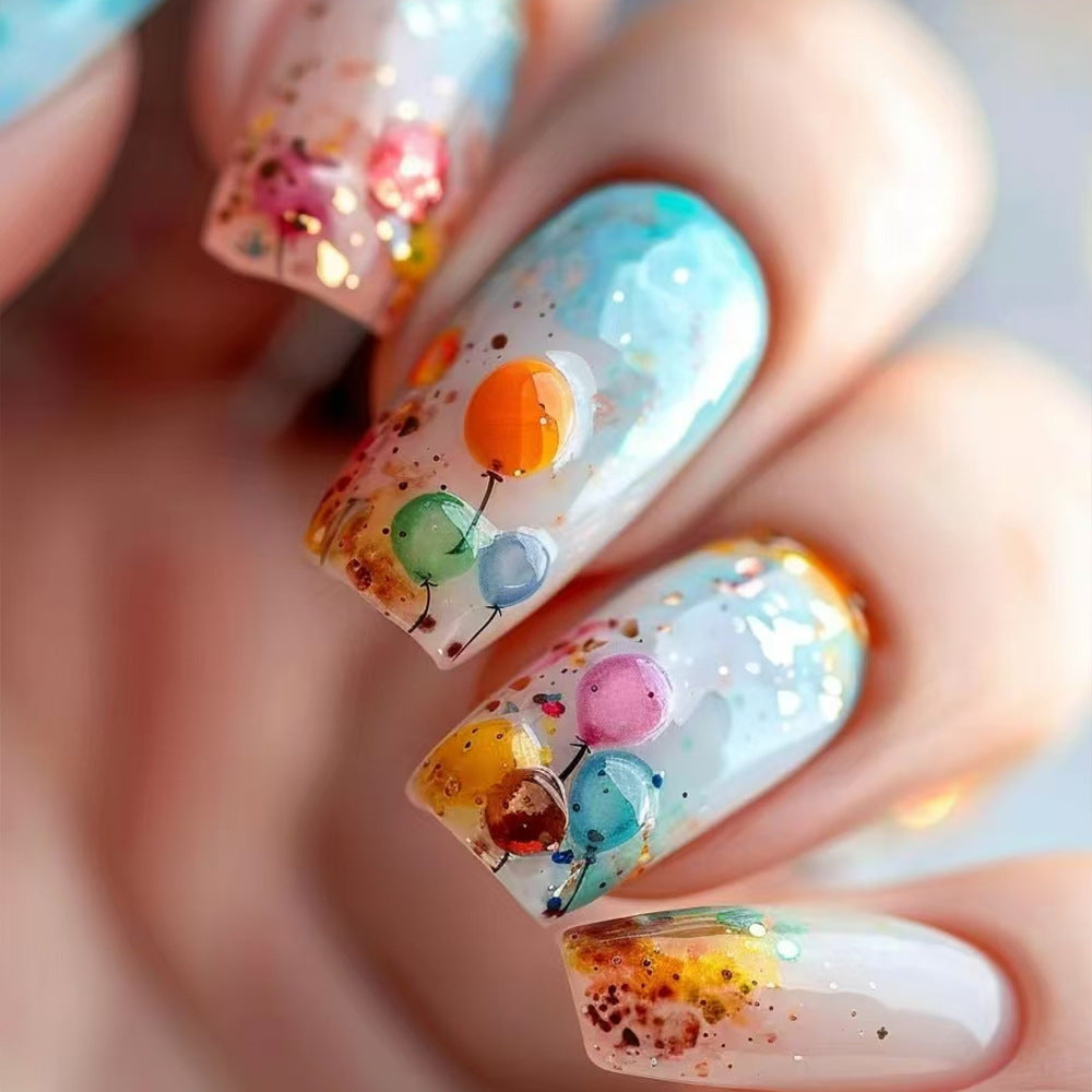 Stickers 24 pièces de style long Coffin Acrylic Nail Art avec 3D Sphérical Ballon Design