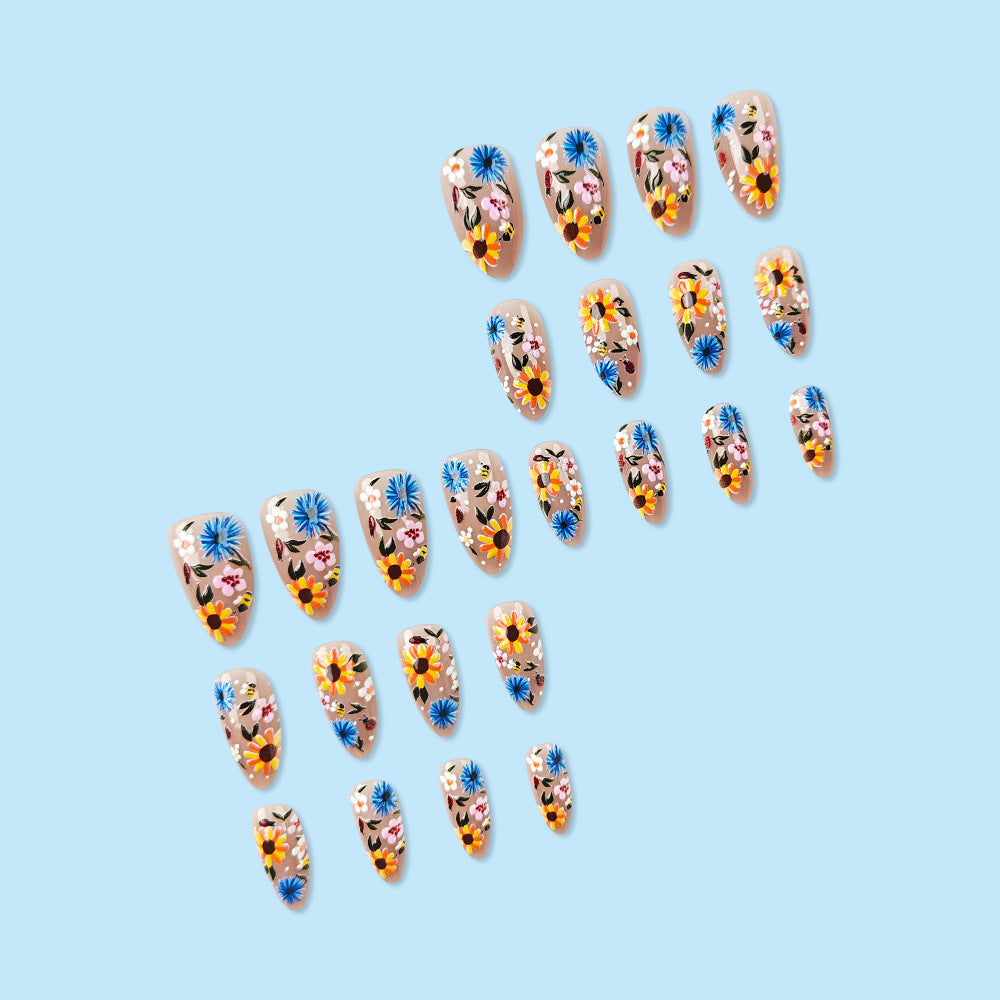 Stickers 24 pièces de ongles acryliques en forme d'amande courte avec fleurs jaunes A