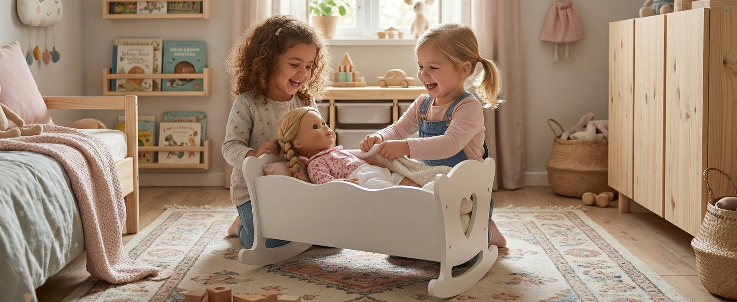 Poupée en bois jouer Cradle Rocking Baby Doll Crib avec literie rose pour poupées jusqu'à 20 en