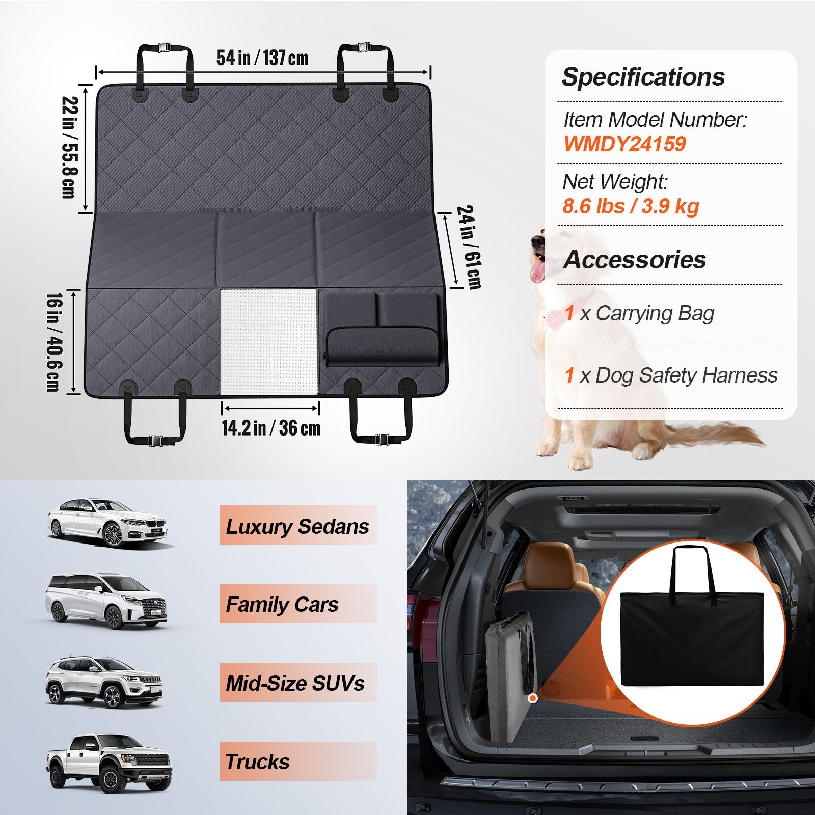 VEVOR Housse de siège de voiture de chien pour siège arrière 54 X 24 dans étanche 600D pour voitures