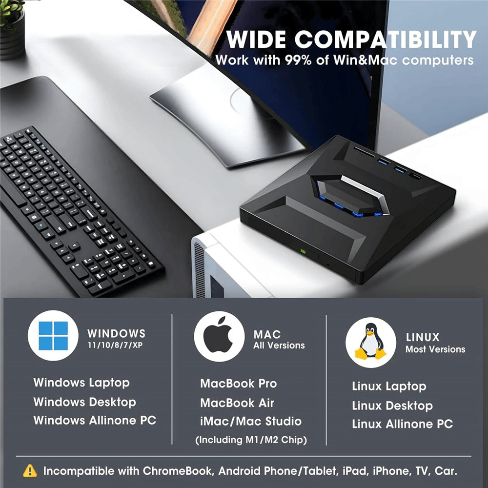 Disque externe CD DVD USB 3.0 Writer Burner Player Pour PC Ordinateur portable Windows 11 10
