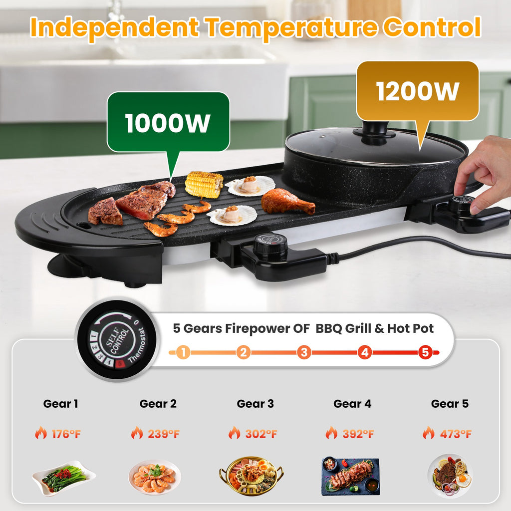 2200W 2 En 1 Pot électrique avec barbecue Grilleur Cuisinière sans fumée Non-Stick Coréen barbecue Grille Shabu