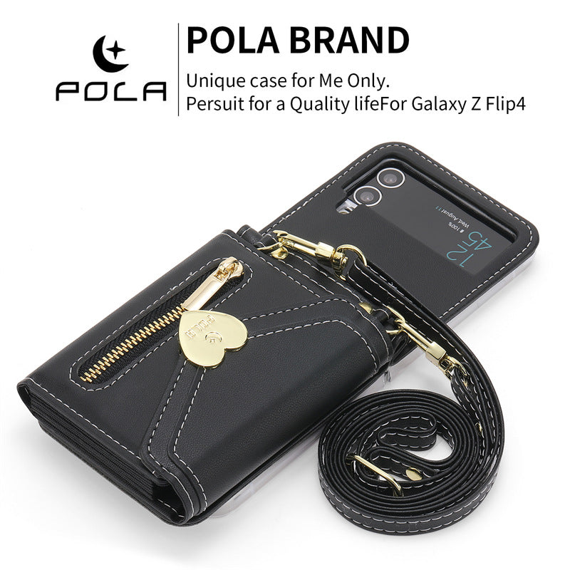 Étui en cuir pliant Coeur en métal Étui téléphone zippé de grande capacité