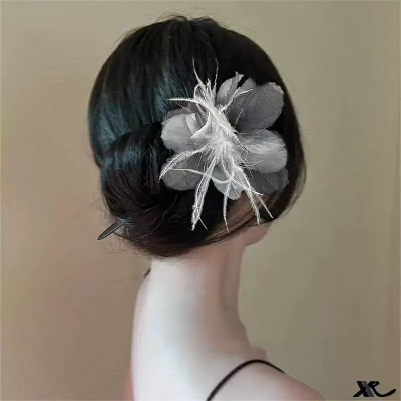 Mesh Flower and Feather Hair Stick pour les femmes style ancien ornementation de cheveux
