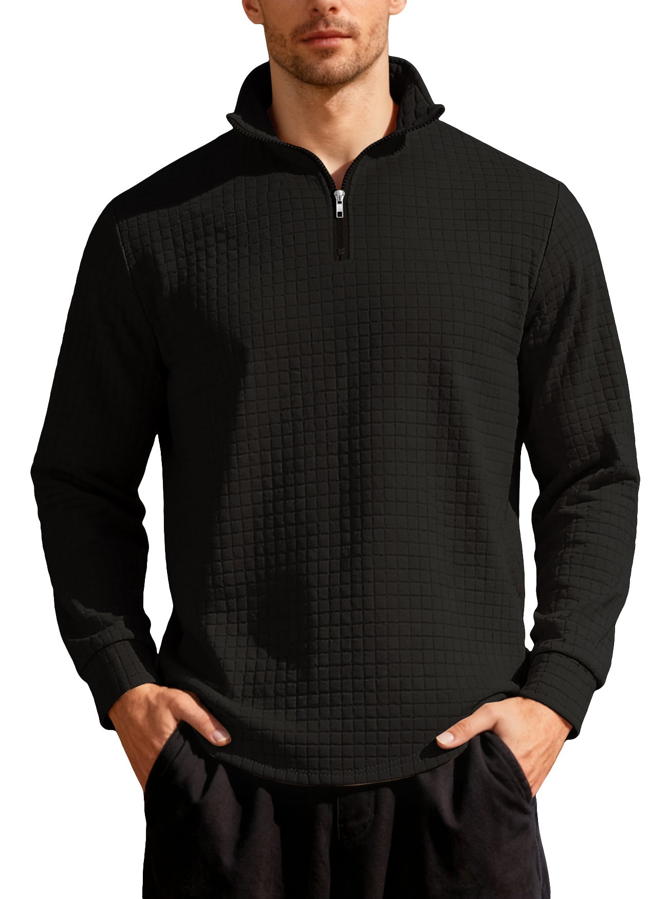 Homme d'affaires casual Loose-fit Jacquard Col d'équipage demi-zip Hoodie avec petite patte carrée