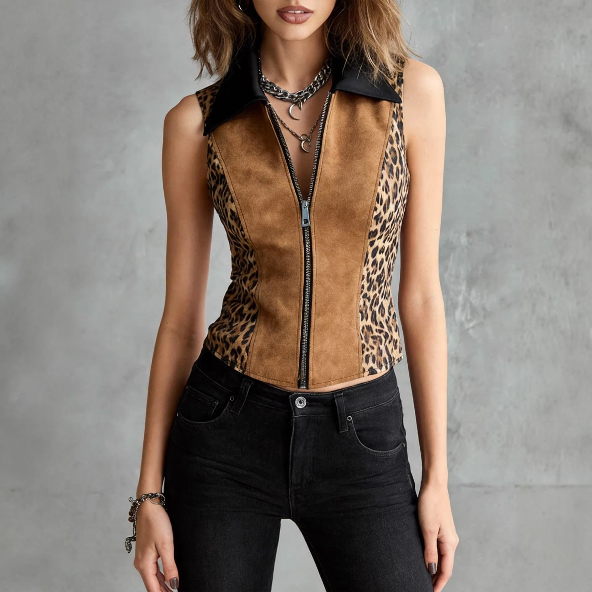 Leopard-print Veste sans manches
