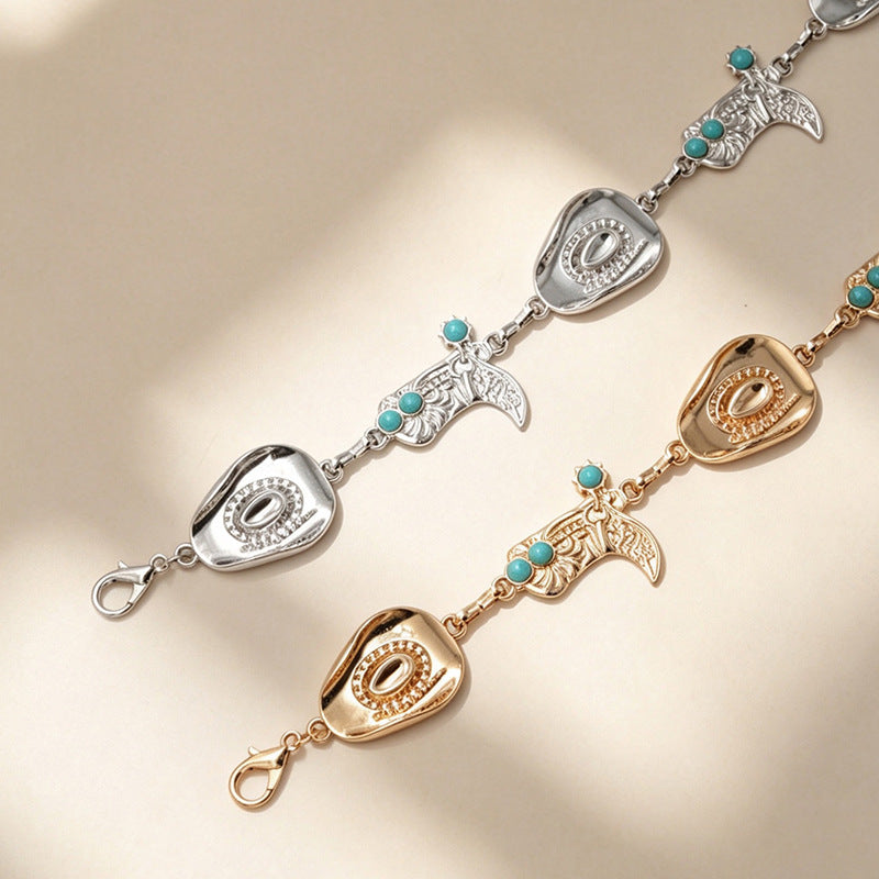 American Western Cowboy Waist Chain avec chapeau en métal turquoise et pendentifs de bottes