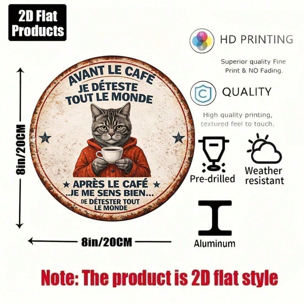 8x8in Vintage French Lover Cat Round Metal Sign Cafe Wall Decor